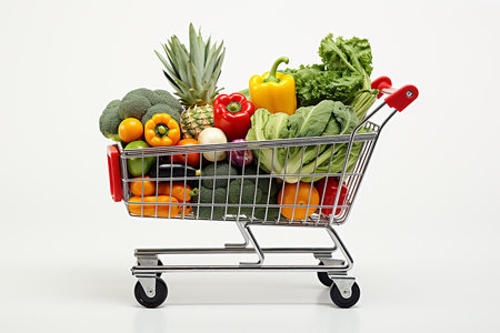 Vegetables and fruits in a supermarket trolley on a white background, healthy food concept. High quality photoの素材