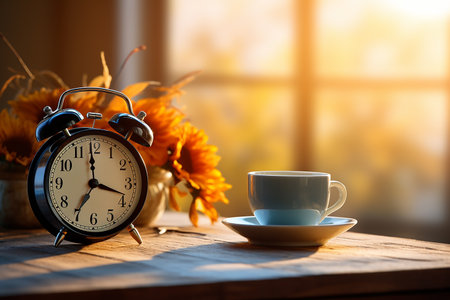 Alarm clock and cup of coffee on table, good morning concept and coffee time. High quality photoの素材