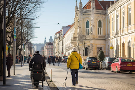 A man in a wheelchair walks around the city. High quality photoの素材