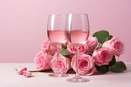 Two glasses of pink champagne with flowers, on a light background. High quality photoの素材