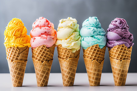 A set of different types of ice cream in waffle cups. High quality photoの素材
