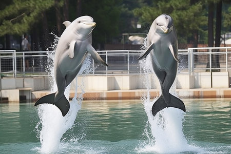 Jumping dolphins in the aquarium,dolphin training. High quality photoの素材