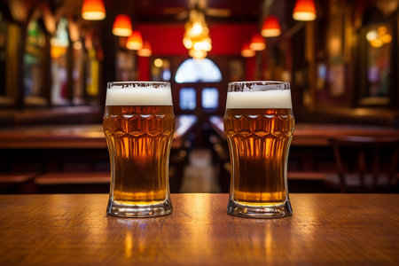 Cold fresh beer with foam in glasses at the bar counter. High quality photoの素材