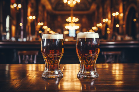 Two glasses of fresh frothy beer on wooden background in bar. High quality photoの素材