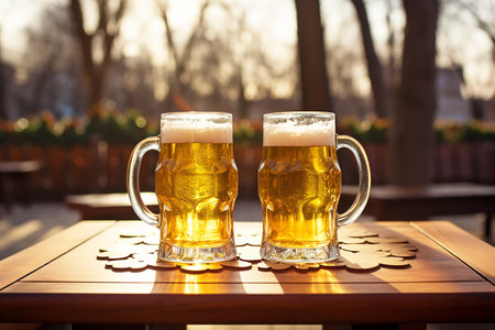 Two glasses of fresh frothy beer on wooden background in bar. High quality photoの素材