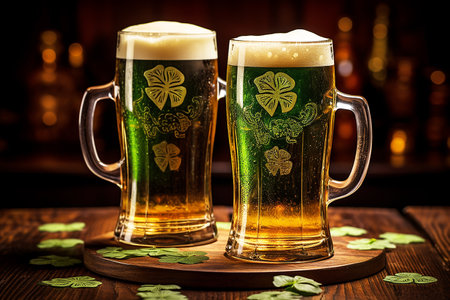 beer in a mug with shamrocks on a wooden surface,set against a bokeh background, St. Patrick's Day. High quality photoの素材