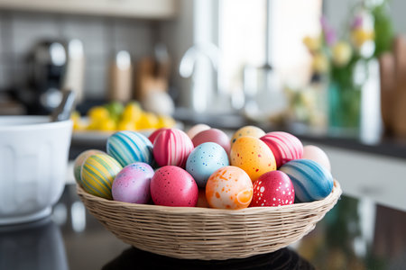 colorful eggs in a basket on the table in a bright kitchen, Easter concept. High quality photoの素材