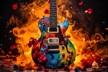 Electric guitar with rainbow paint energetic explosion. High quality photoの素材