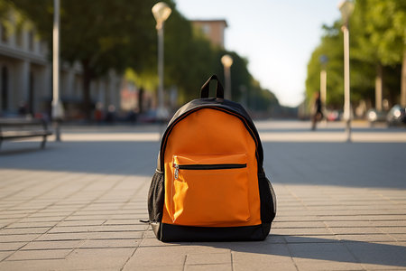 Yellow modern backpack in nature with books on school background. High quality photoの素材