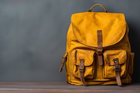 Yellow modern backpack in nature with books on school background. High quality photoの素材