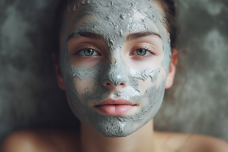 Happy woman in salon doing face mask, cosmetology and spa treatments for healthy skin. High quality photoの素材