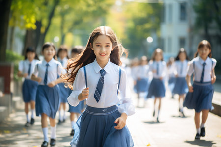 Happy schoolchildren in nature. High quality photoの素材