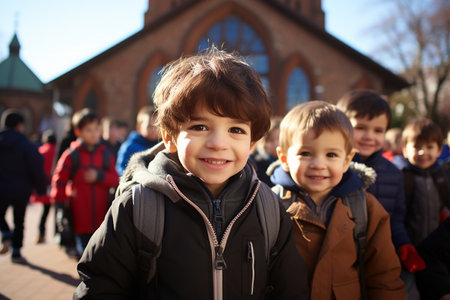 Happy schoolchildren in nature. High quality photoの素材