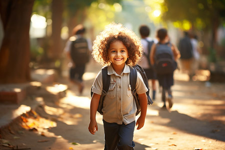 Happy schoolchildren in nature. High quality photoの素材
