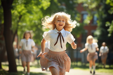 Happy schoolchildren in nature. High quality photoの素材