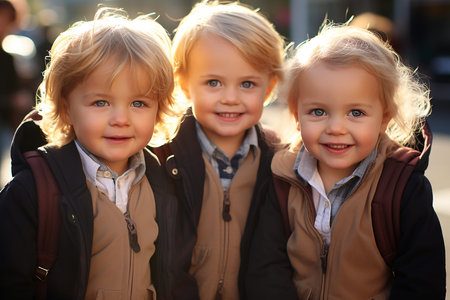 Happy schoolchildren in nature. High quality photoの素材