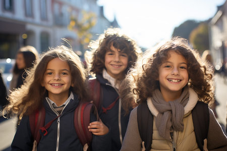 Group of happy schoolchildren on a warm sunny day near school. High quality photoの素材