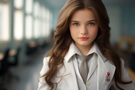 Portrait of happy schoolgirl, knowledge and learning concept, back to school. High quality photoの素材