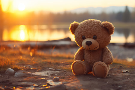 Teddy bear in nature, postcard with space for text. High quality photoの素材