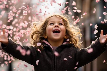 Little happy little girl rejoicing in falling petals. High quality photoの素材
