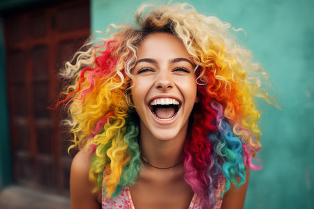 Close-up portrait of a woman with bright rainbow hair, hairdressing, coloristics. High quality photoの素材