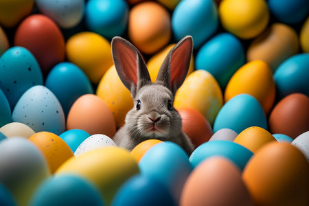 Little cute Easter bunny and bright eggs. High quality photoの素材