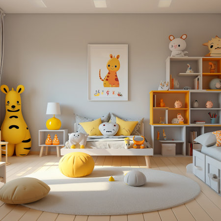 Spacious and vibrant childrens room with a minimalist designの素材