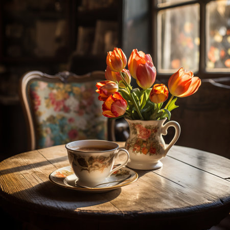 Inviting ambiance. sip on a freshly brewed cup of coffee at a cozy cafeの素材