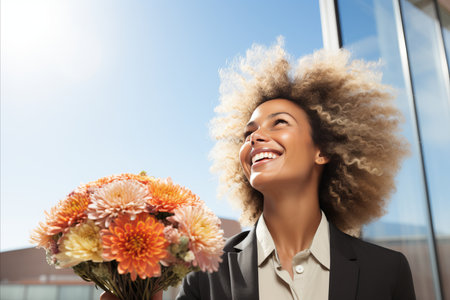 woman holding colorful bouquet for international womens day celebrationの素材