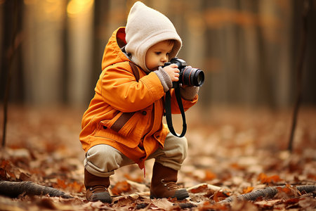Little child with camera in nature, international photographer's day. High quality photoの素材