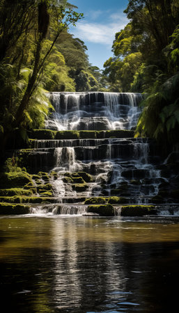 Serene park landscape with cascading waterfall surrounded by lush greenery and tranquil setting.の素材