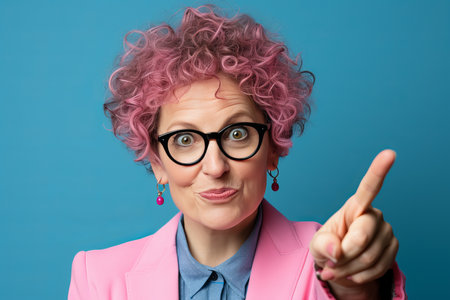 Enthusiastic woman introduces irresistible offer, pointing to captivatingの素材