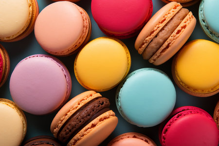 Indulgent macarons. colorful assortment on vibrant backgroundの素材