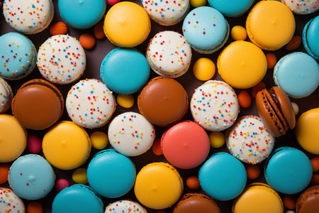 Indulgent macarons. colorful assortment on vibrant backgroundの素材