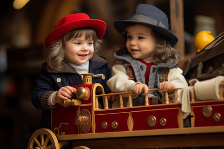 Adorable children engrossed in a joyful and imaginative play session with their favorite toysの素材