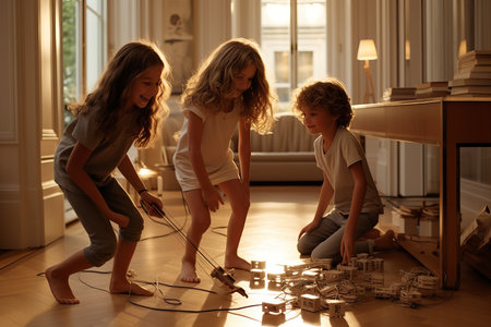 Two children playing and having fun with their toys in a cheerful and playful activityの素材