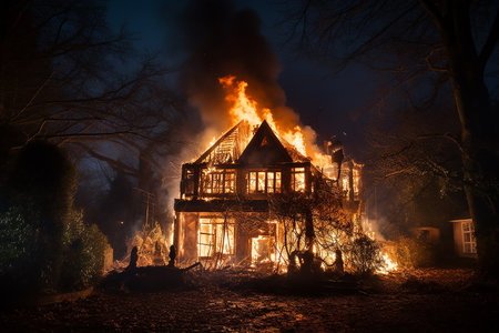 Burning big house at night, fire close-up. High quality photoの素材