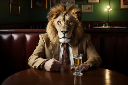 Lion in costume in bar with beer, intrapomorphic animals. High quality photoの素材