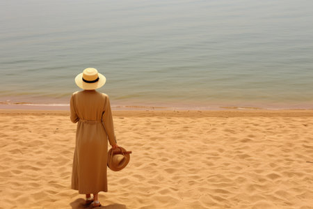 Attractive plus-sized woman enjoying a solitary stroll along the picturesque beach.の素材