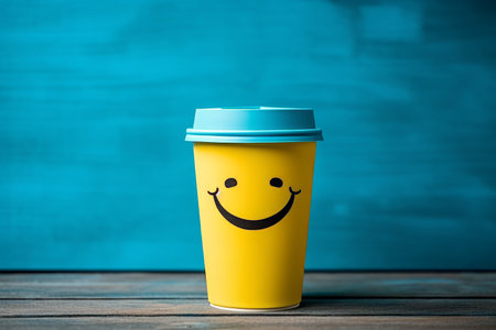 Cheerful hands with blue coffee cup fighting blue Monday, promoting positive vibes.の素材