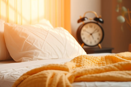 Cheerful woman stretching in bed with alarm clock, enjoying the morning sunlight.の素材