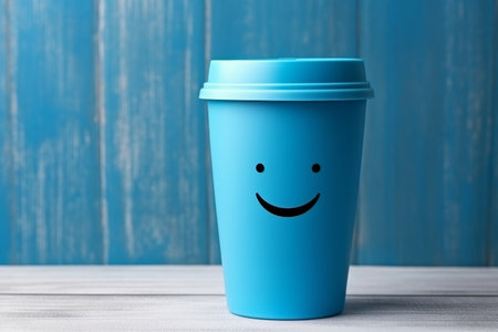 Cheerful hands with blue coffee cup fighting blue Monday, promoting positive vibes.の素材