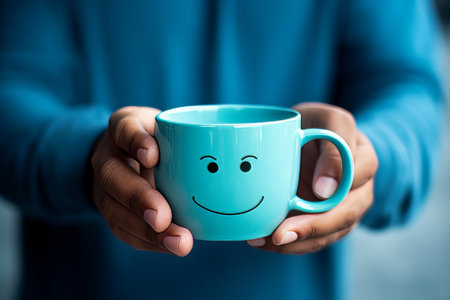 Cheerful hands with blue coffee cup fighting blue Monday, promoting positive vibes.の素材