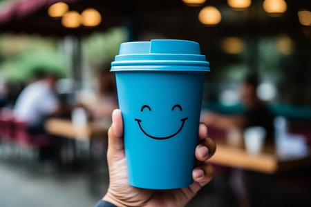Cheerful hands with blue coffee cup fighting blue Monday, promoting positive vibes.の素材