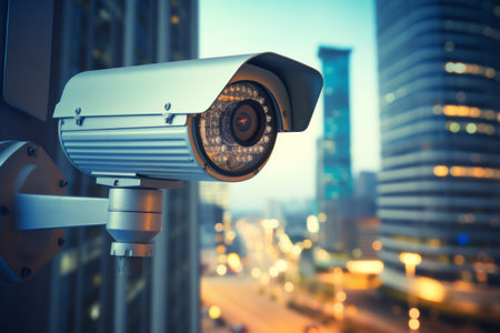 Close-up surveillance camera in urban cityscape for enhanced security monitoring.の素材