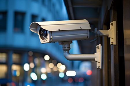 Close-up surveillance camera in urban environment, monitoring city streets for security.の素材