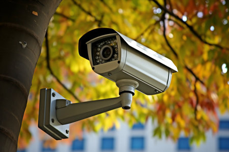 Close-up surveillance camera in urban environment, monitoring city streets for security.の素材