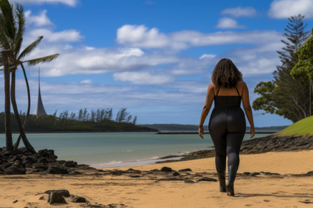 Rear view of an unaccompanied overweight woman taking a solitary stroll on the sandy beach.の素材