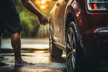 Professional car wash. person expertly cleansing vehicle at advanced automated car wash facility.の素材