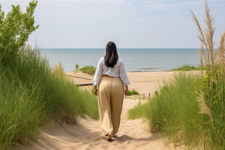 Rear view of an unaccompanied overweight woman taking a solitary stroll on the sandy beach.の素材